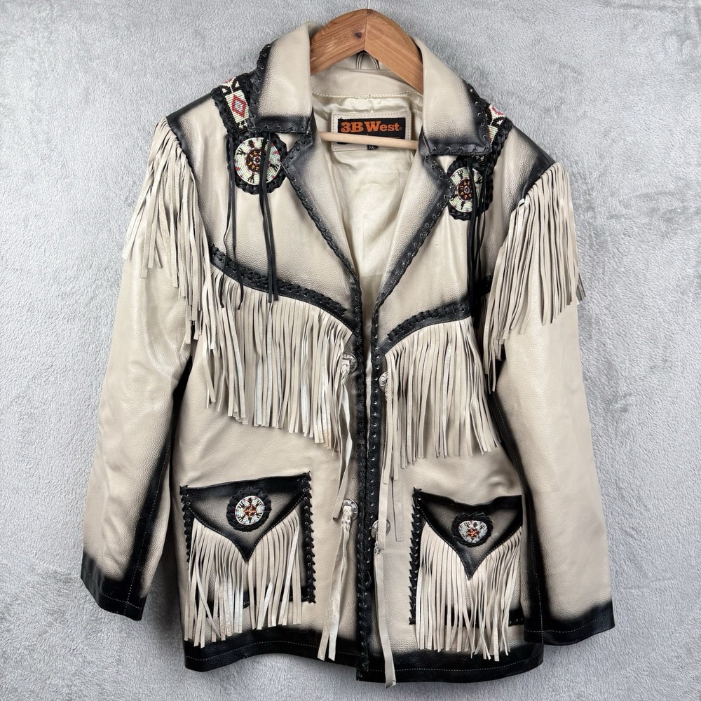 3B West By Tansmith Leather Jacket Size XL Gray Fringe Western Cowboy Aztec